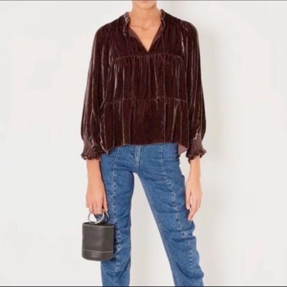 Ulla Johnson Mulberry Velvet Ruffle Lavinia Blouse in Dark Purple Size 2